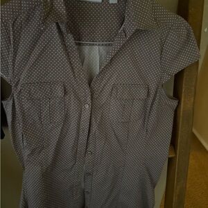 New York & Company Brown Polka Dot Cap Sleeve Button Front Top